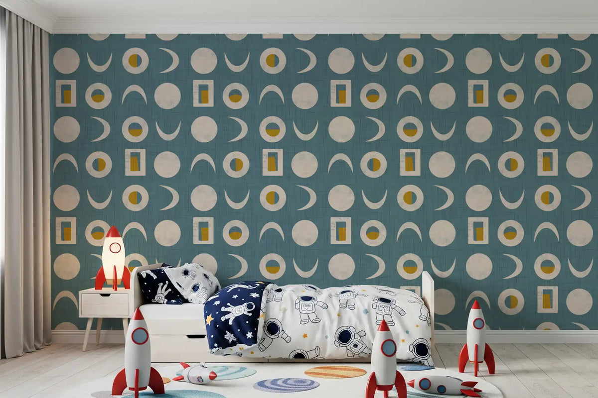 Dusty Teal Moon Phase Wallpaper Mid Century Wallpaper⁠