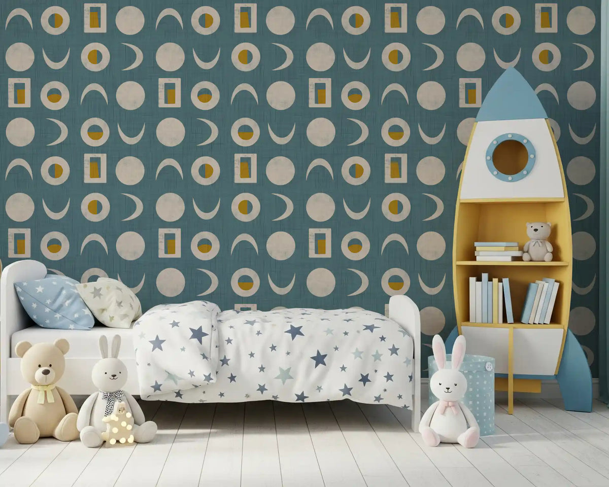 Dusty Teal Moon Phase Wallpaper Mid Century Wallpaper⁠