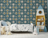 Dusty Teal Moon Phase Wallpaper Mid Century Wallpaper⁠