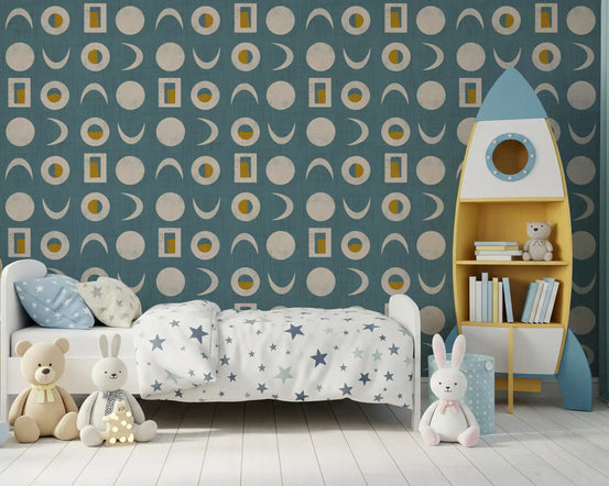 Dusty Teal Moon Phase Wallpaper Mid Century Wallpaper⁠