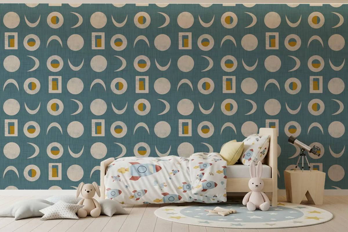 Dusty Teal Moon Phase Wallpaper Mid Century Wallpaper⁠