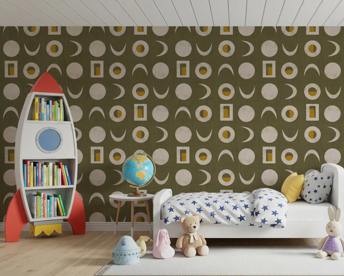 Olive Green Moon Phase Wallpaper Mid Century Wallpaper⁠