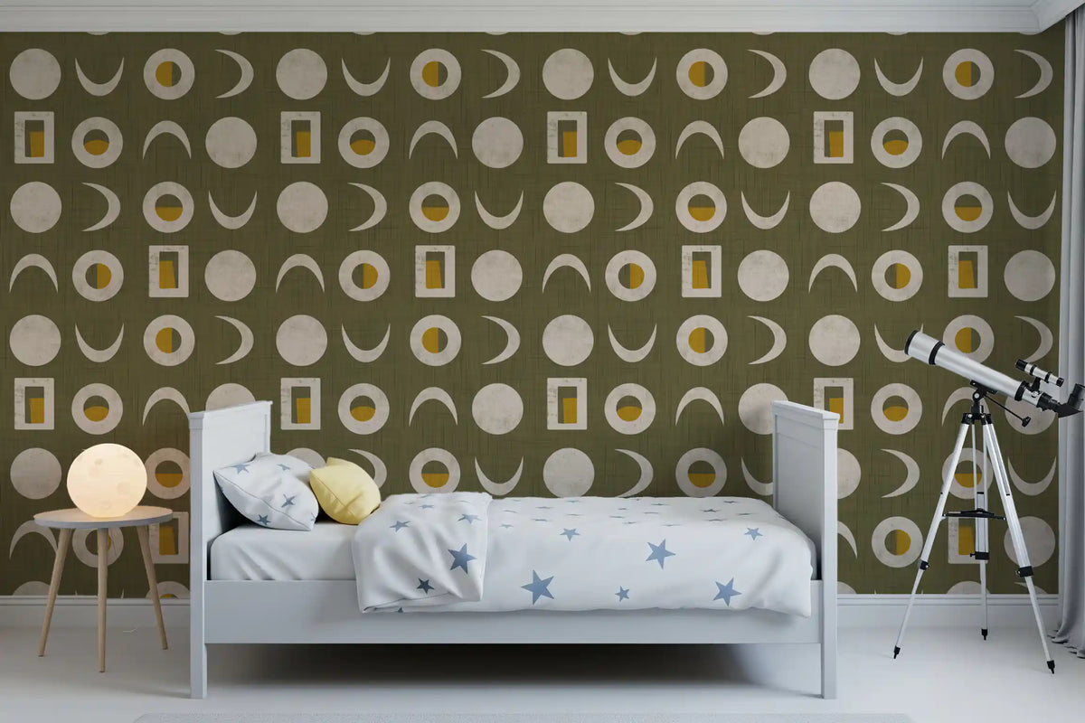 Olive Green Moon Phase Wallpaper Mid Century Wallpaper⁠