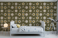 Olive Green Moon Phase Wallpaper Mid Century Wallpaper⁠