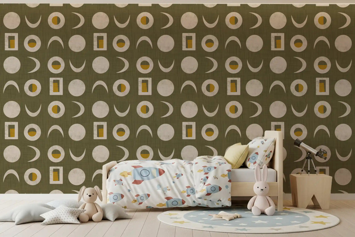 Olive Green Moon Phase Wallpaper Mid Century Wallpaper⁠