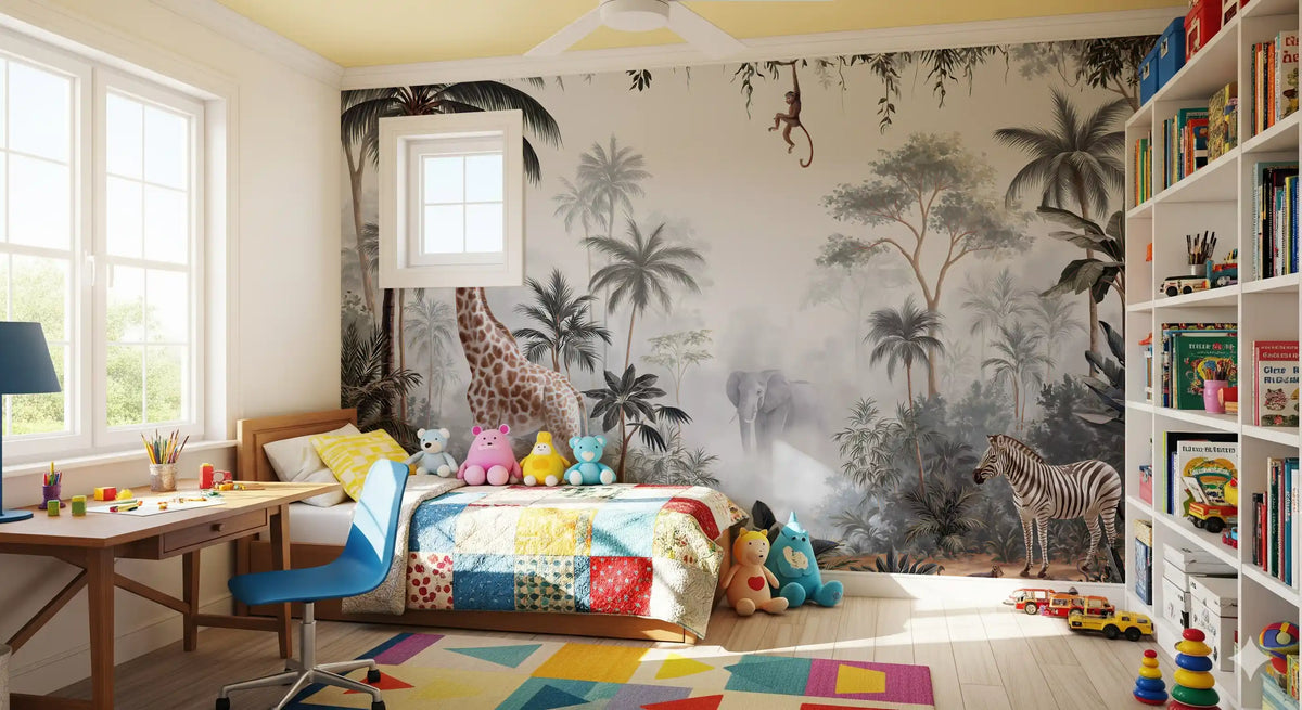 Misty Tropical Safari Wildlife Wall Mural