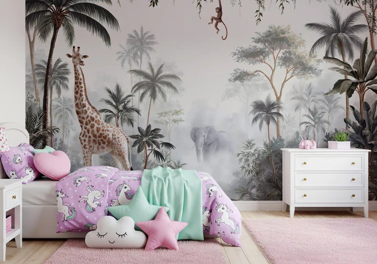 Misty Tropical Safari Wildlife Wall Mural