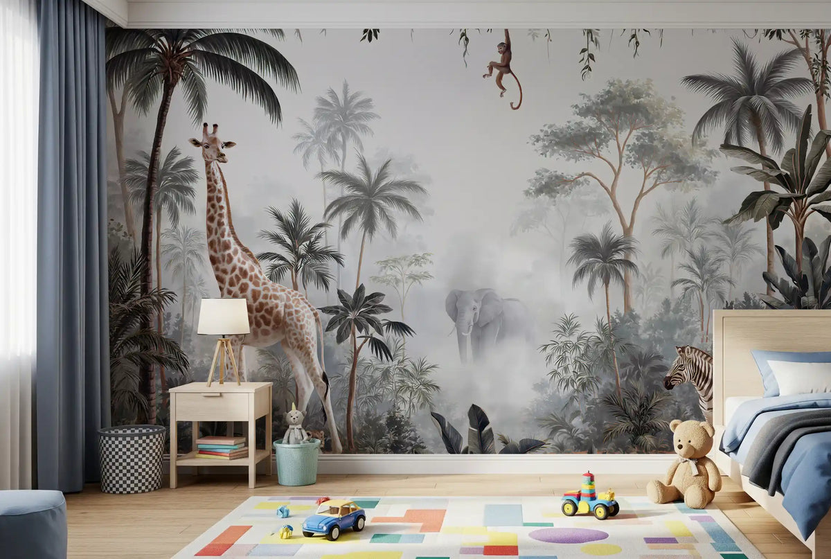 Misty Tropical Safari Wildlife Wall Mural