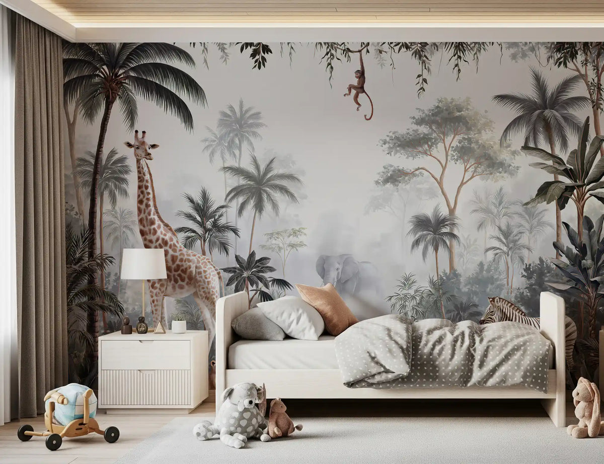 Misty Tropical Safari Wildlife Wall Mural