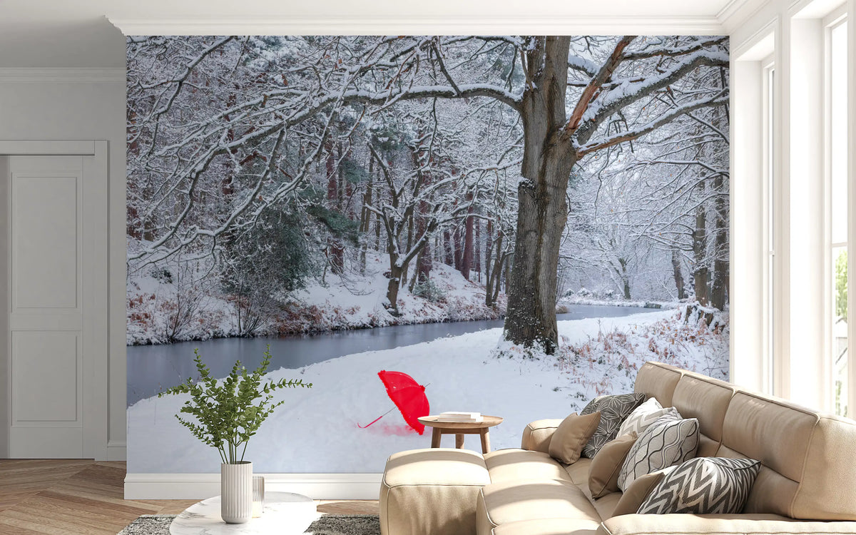 Frozen Creek and Red Umbrella Wall Mural