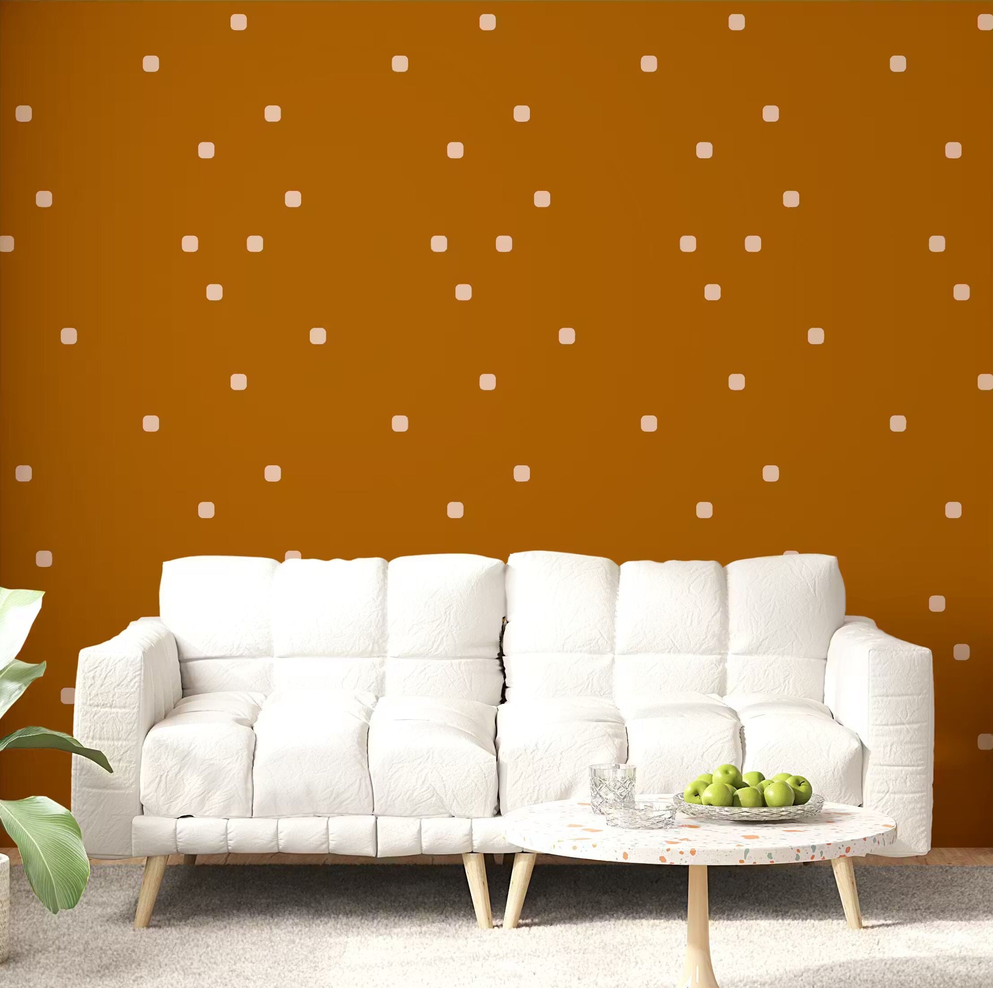Warm terracotta polka dot pattern wallpaper on a living room feature wall., GD10046