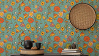 Retro Wild Floral Blue Wallpaper for stylish rooms