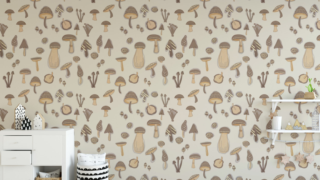 Sand-colored Watercolor Mushrooms Wallpaper for decor