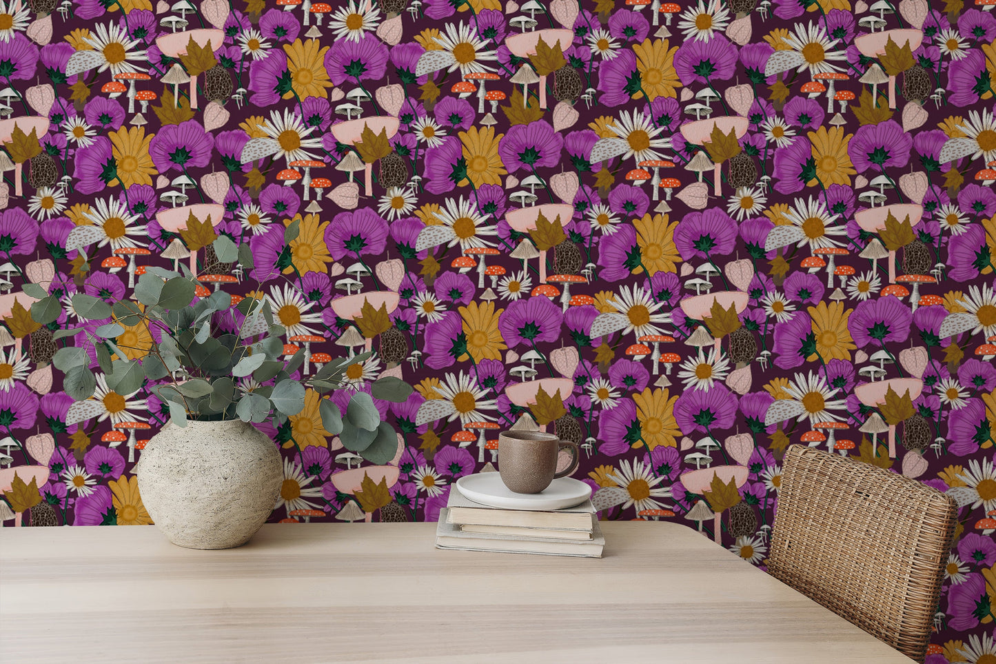 Wild Flowers and Mushrooms Purple Wallpaper