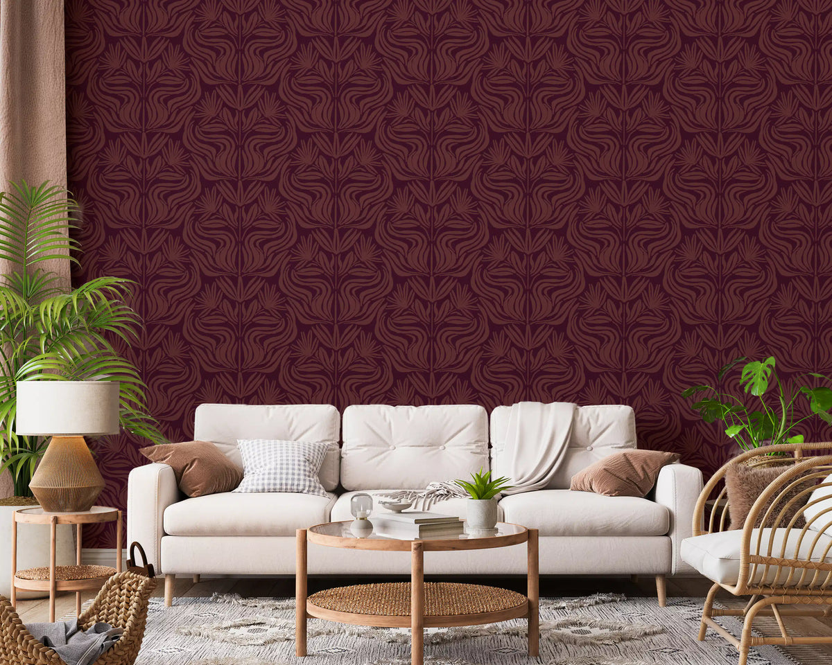 Deep Burgundy Damask Floral Pattern Wallpaper⁠