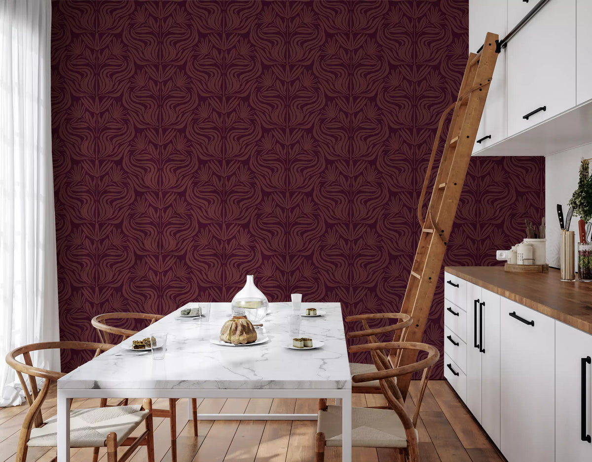 Deep Burgundy Damask Floral Pattern Wallpaper⁠
