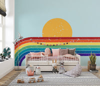 Minimalist rainbow mural with soft textures
