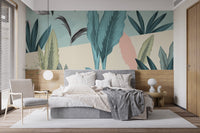 Green and blue wallpaper with tropical leaves
