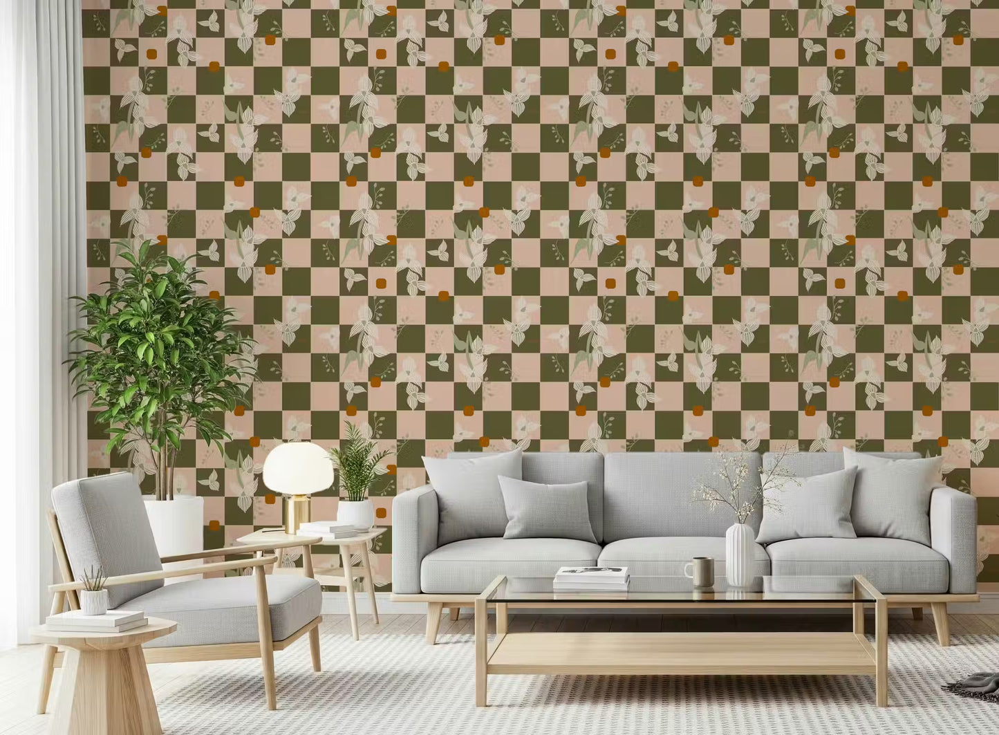 Olive Checker Floral Wallpaper Retro Boho Wallpaper⁠