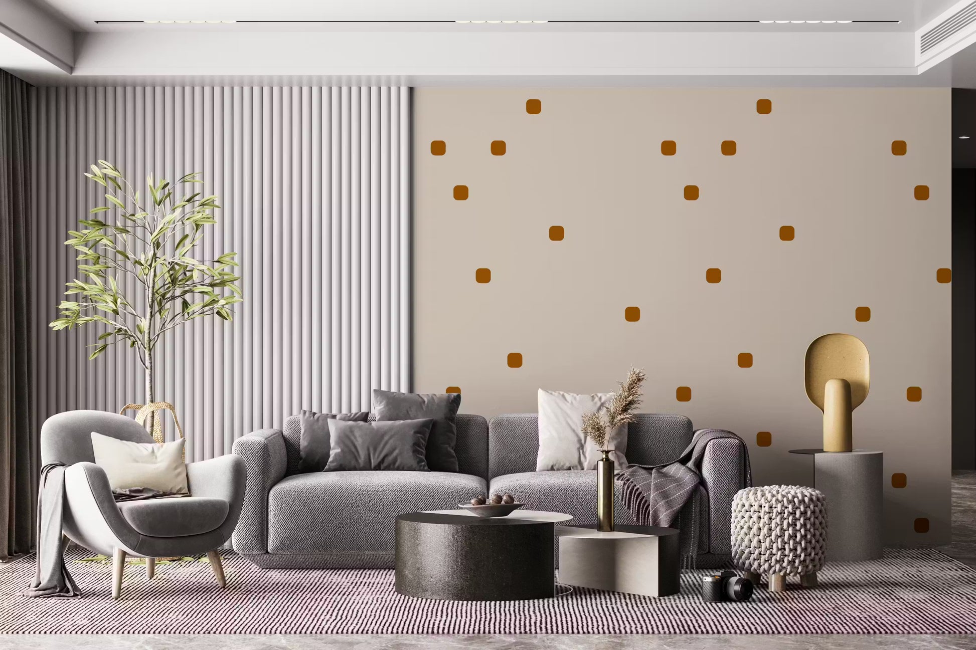 Neutral polka dot wallpaper in blush beige and warm caramel brown for living room wall.