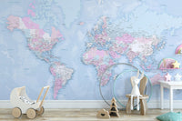 Blue World Map Wallpaper Mural - Giffywalls