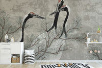 Tranquil Cranes and Pine Birds Wallpaper
