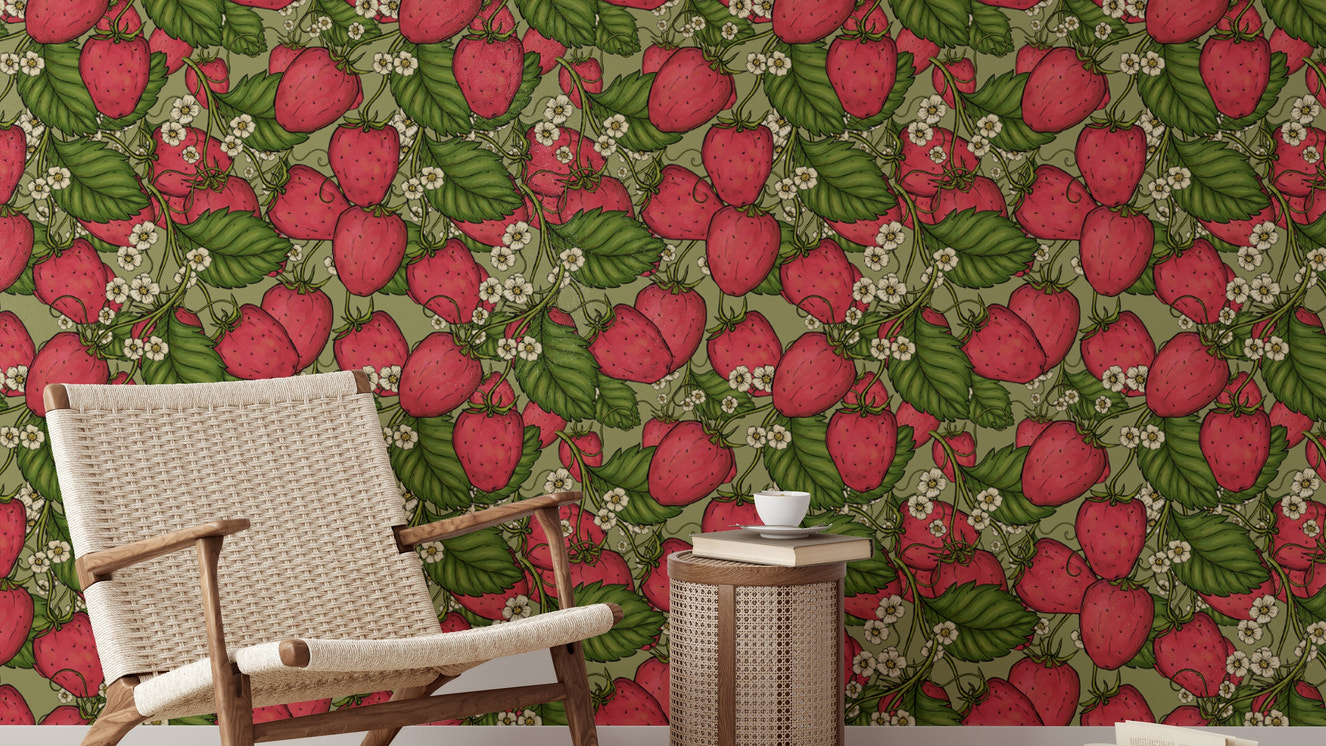 Artistic pink strawberry forest wallpaper for unique wall decor.
