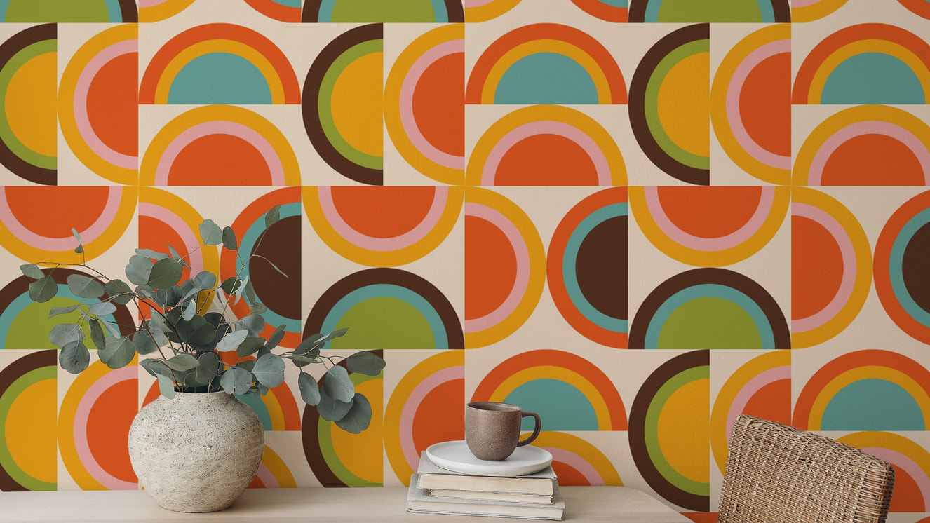 Bauhaus-inspired geometric mural with warm tones

