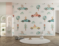 Playful watercolor animal racers wallpaper for kids' rooms
