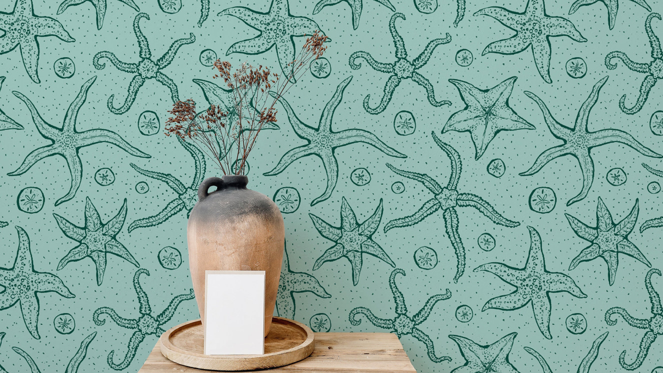 Stylish echinoderms wallpaper in light blue for modern interiors.
