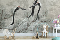 Elegant Crane and Pine Tree Mural
