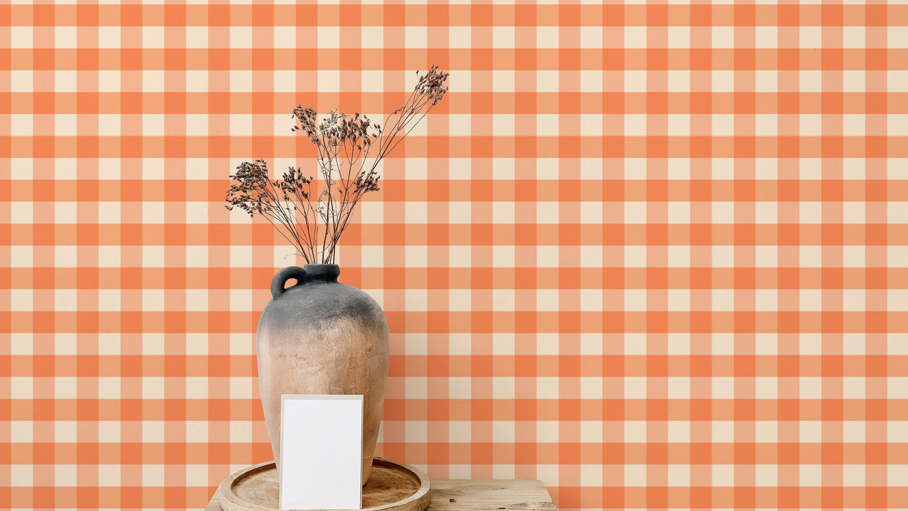 Stylish peach gingham wallpaper for modern farmhouse vibes.
