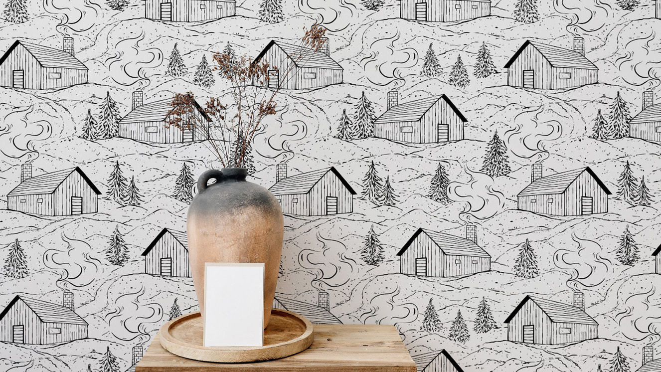 Bold black and white smokey cabin wallpaper for dramatic interiors.
