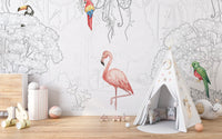 Exquisite tropical aviary wallpaper with delicate sketches