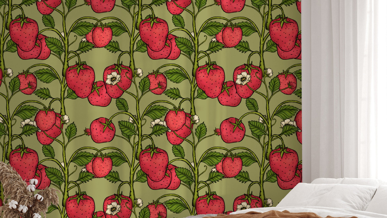 Soft pink trailing strawberries with lush green wallpaper accents.
