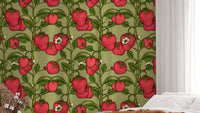 Soft pink trailing strawberries with lush green wallpaper accents.
