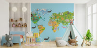 Kids World Map Animal Wallpaper Mural - Giffywalls