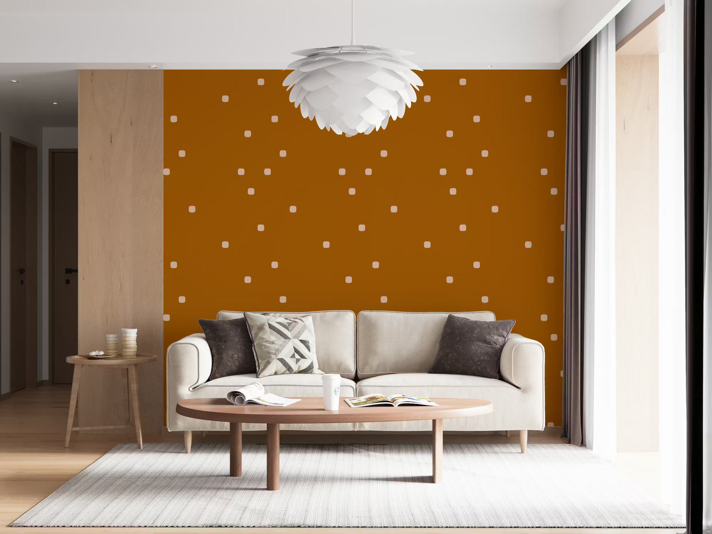 Terracotta Beige Polka Dot Retro Minimal Wallpaper with scattered beige rounded square spots on a warm orange ground.