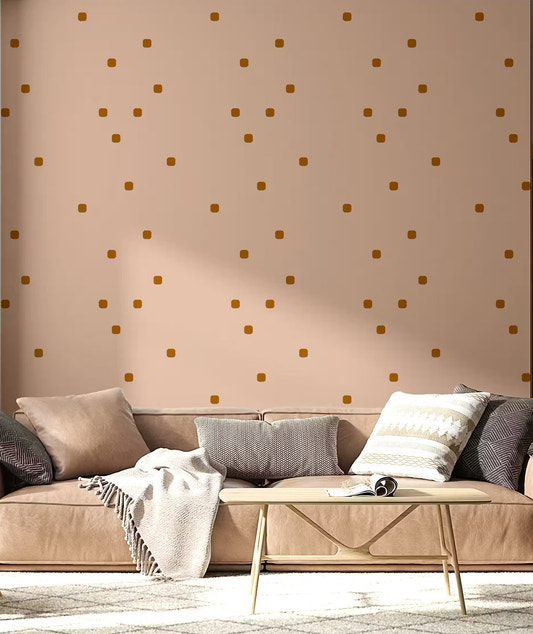Blush Beige Polka Dot Wallpaper Retro Minimal Wallpaper on living room wall. 