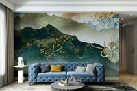 Sunset mountains wall mural in warm tones
