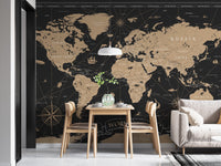 Classic world map wallpaper in gold tones
