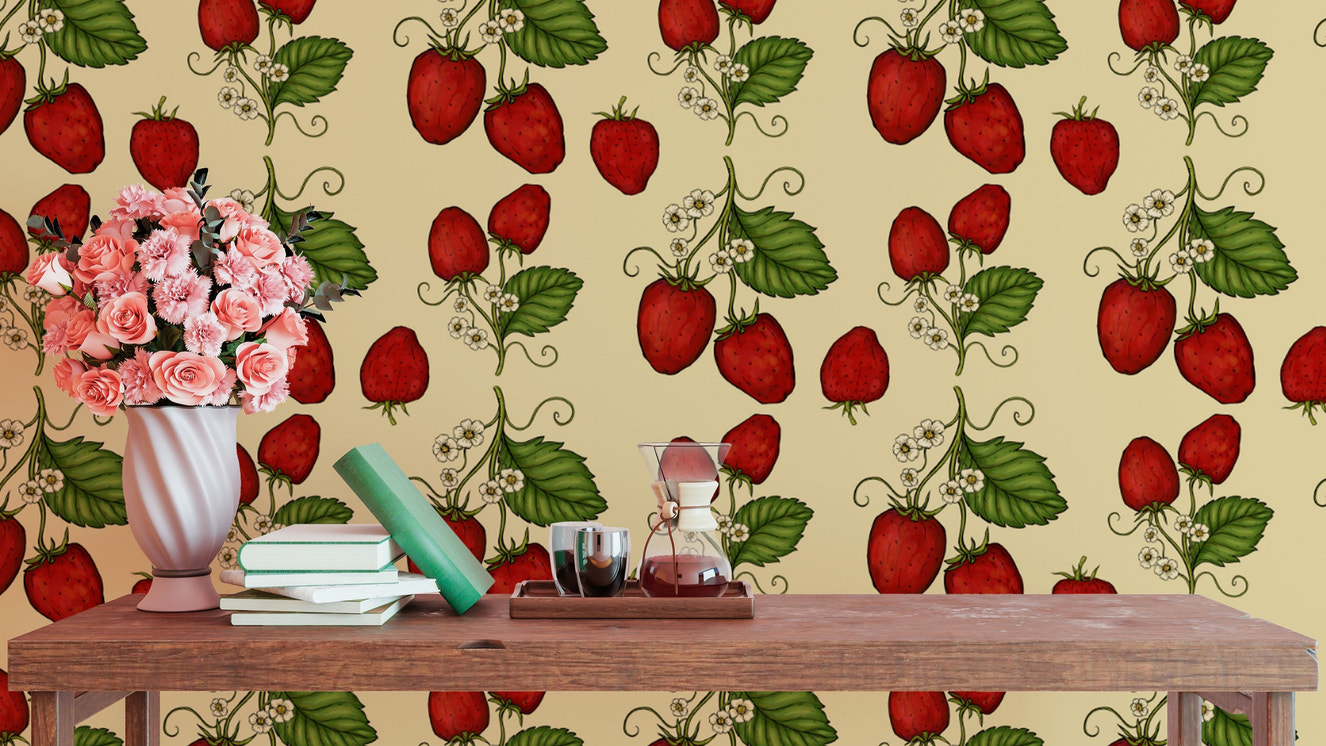 Red strawberry design wallpaper for nature-inspired spaces.
