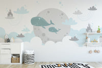 Flying whale wallpaper with castles
