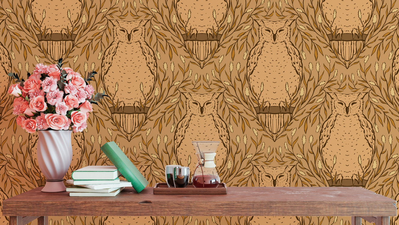 Vibrant harvest owl wallpaper for a lively, woodland-inspired look.
