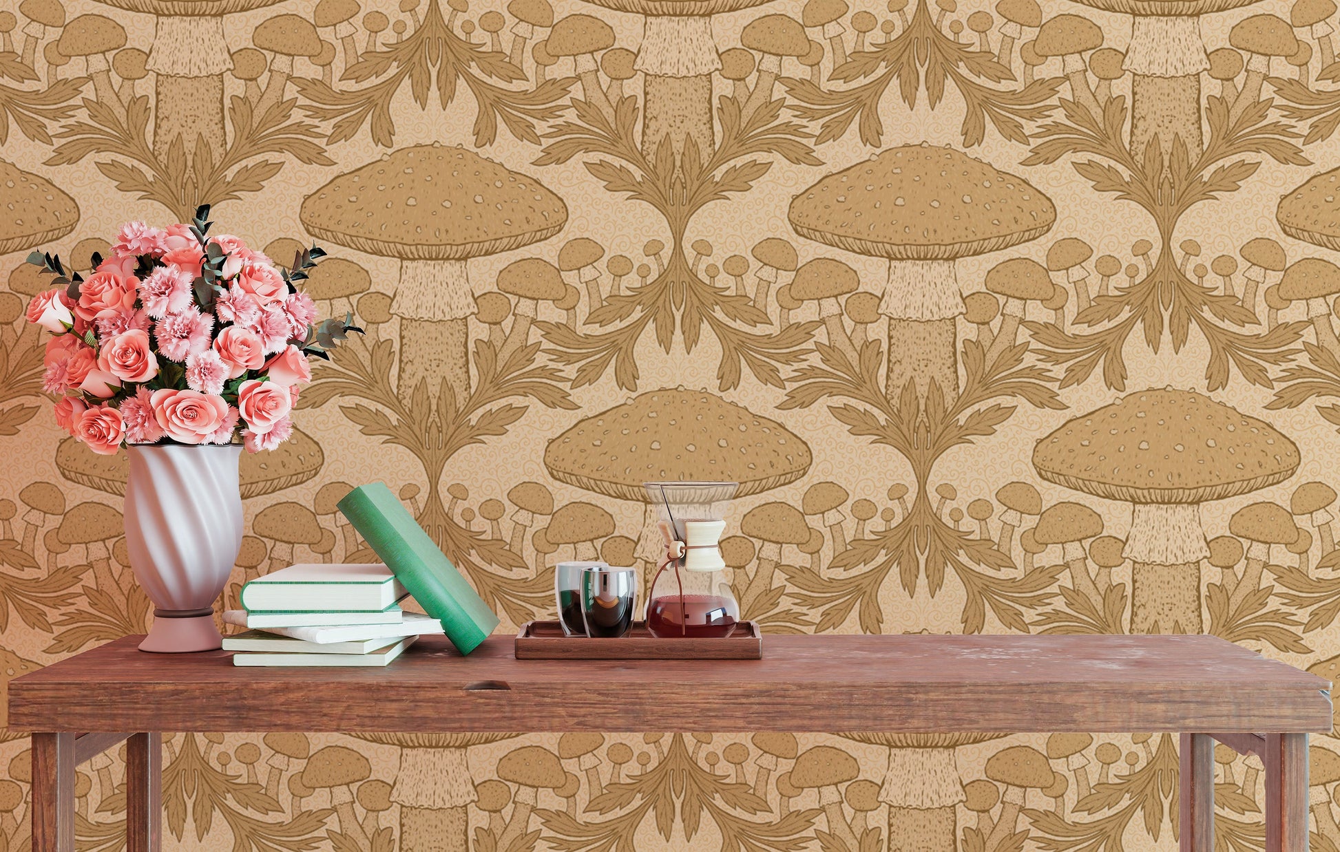 Soft beige heritage mushroom mural for a warm, inviting ambiance.
