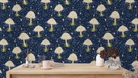 Whimsical dancing mushrooms wallpaper for playful interiors.
