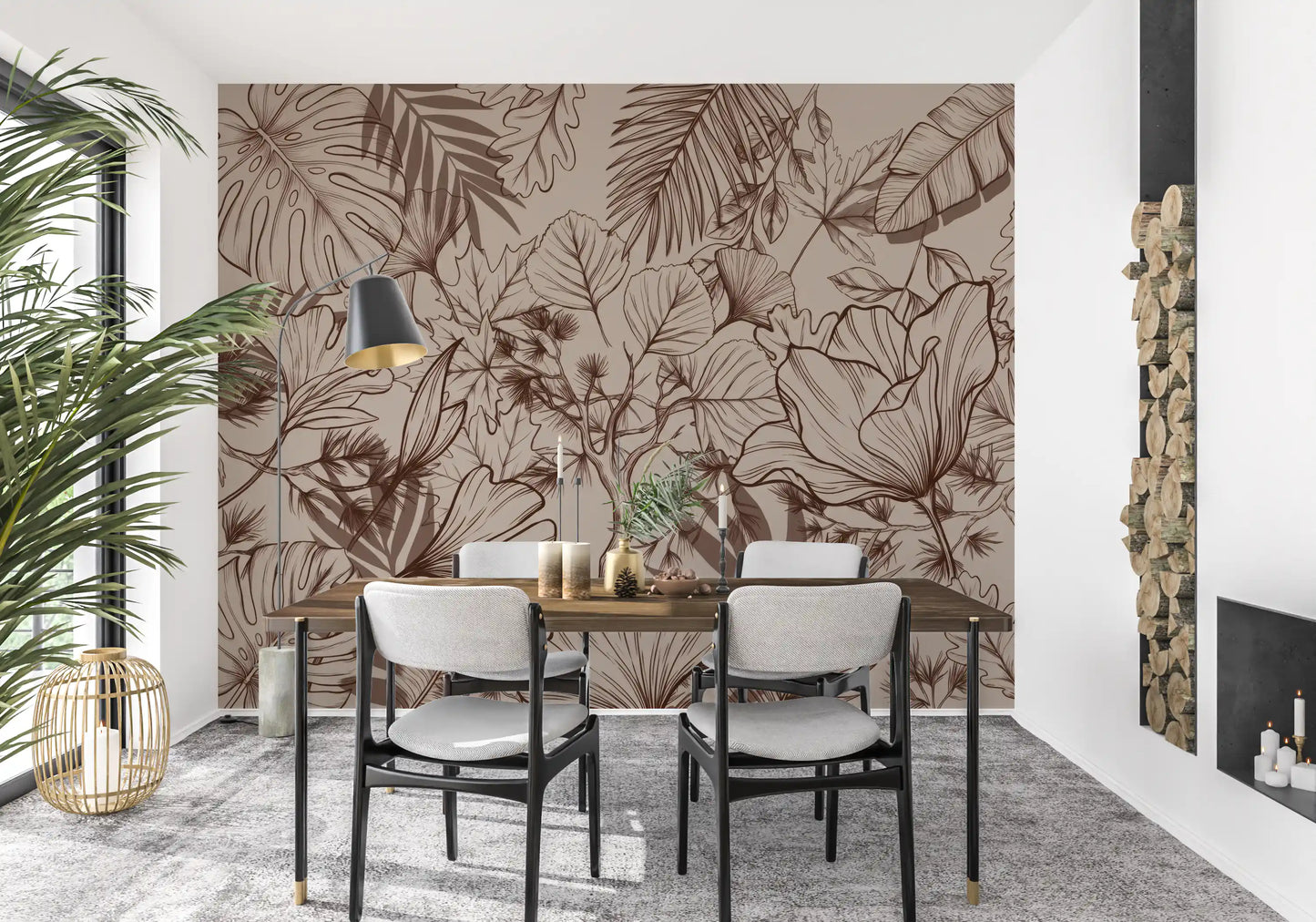 Monochromatic Botanical Line Art Wall Mural