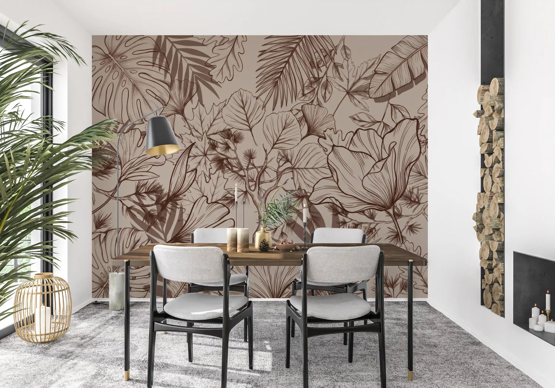 Monochromatic Botanical Line Art Wall Mural