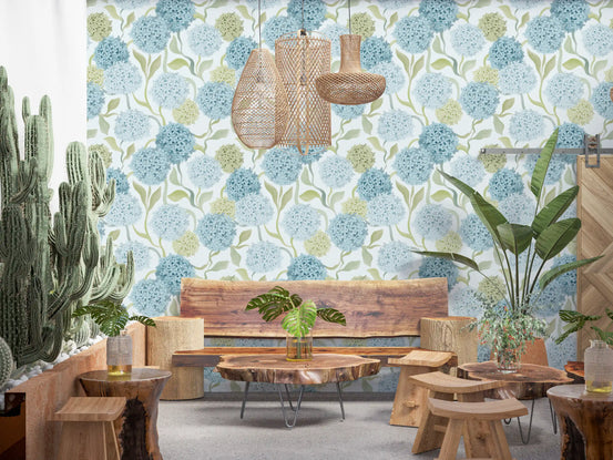 Blue hydrangea wallpaper in a warm boho wood living room GD12711