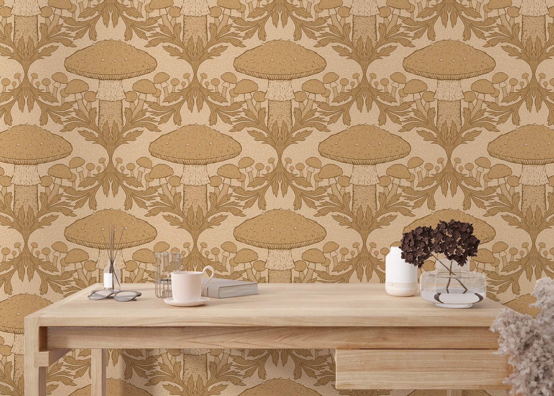 Sophisticated beige mushroom wallpaper for a subtle vintage vibe.
